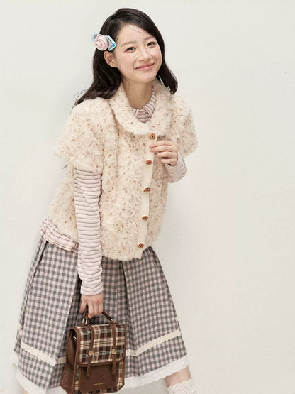 [RF] Cream Beige & Chestnut Speckle Plush Short-Sleeve Vest Jacket with Peter Pan Collar