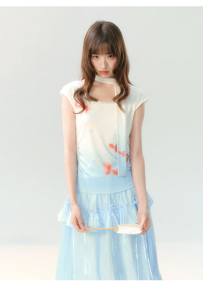 "Koi Garden Letter" White & Blue Goldfish Print Two-Piece Skirt Set LL2026220