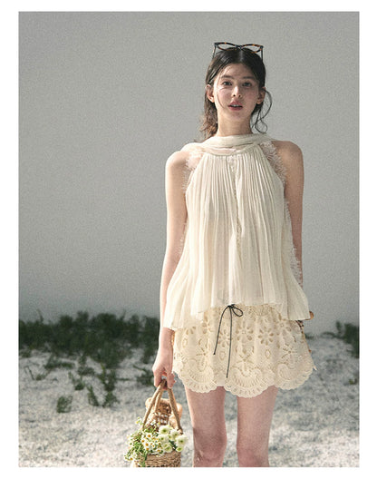 “Summer Light Through Pleats” Ivory Lace Pleated Halter Blouse