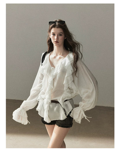 AOMALM - "A Featherlight Touch" French Camellia White Lace Chiffon Top with Belt (Camellia / Oatmeal / Cinnamon Pink)