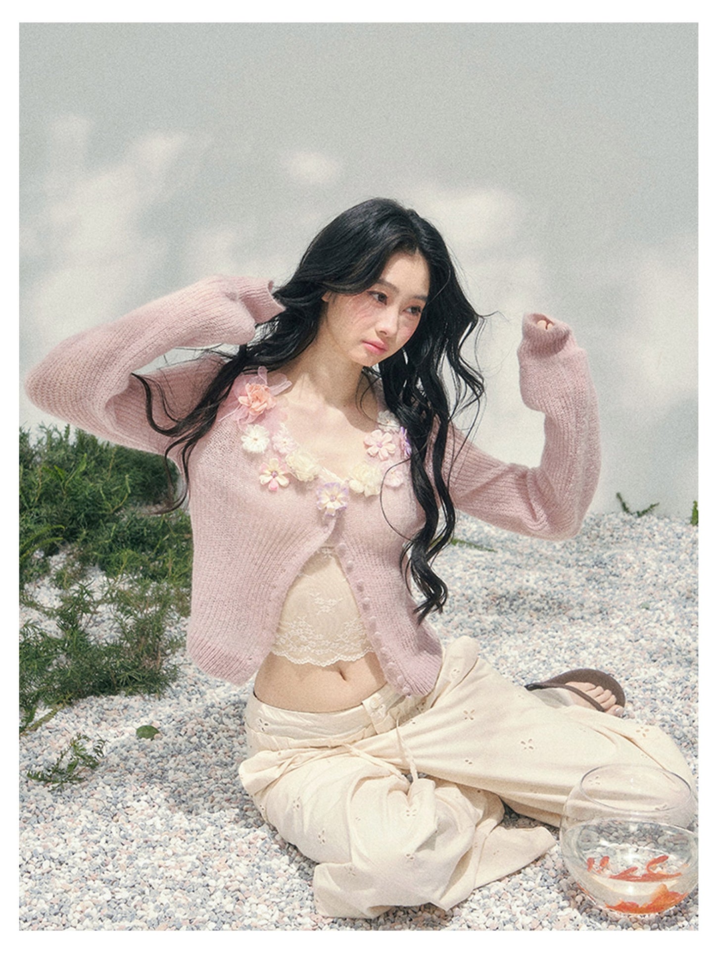 少也眼 “Spring Meadow Breeze” Floral-Embellished Mohair Knit Cardigan Set 5786998