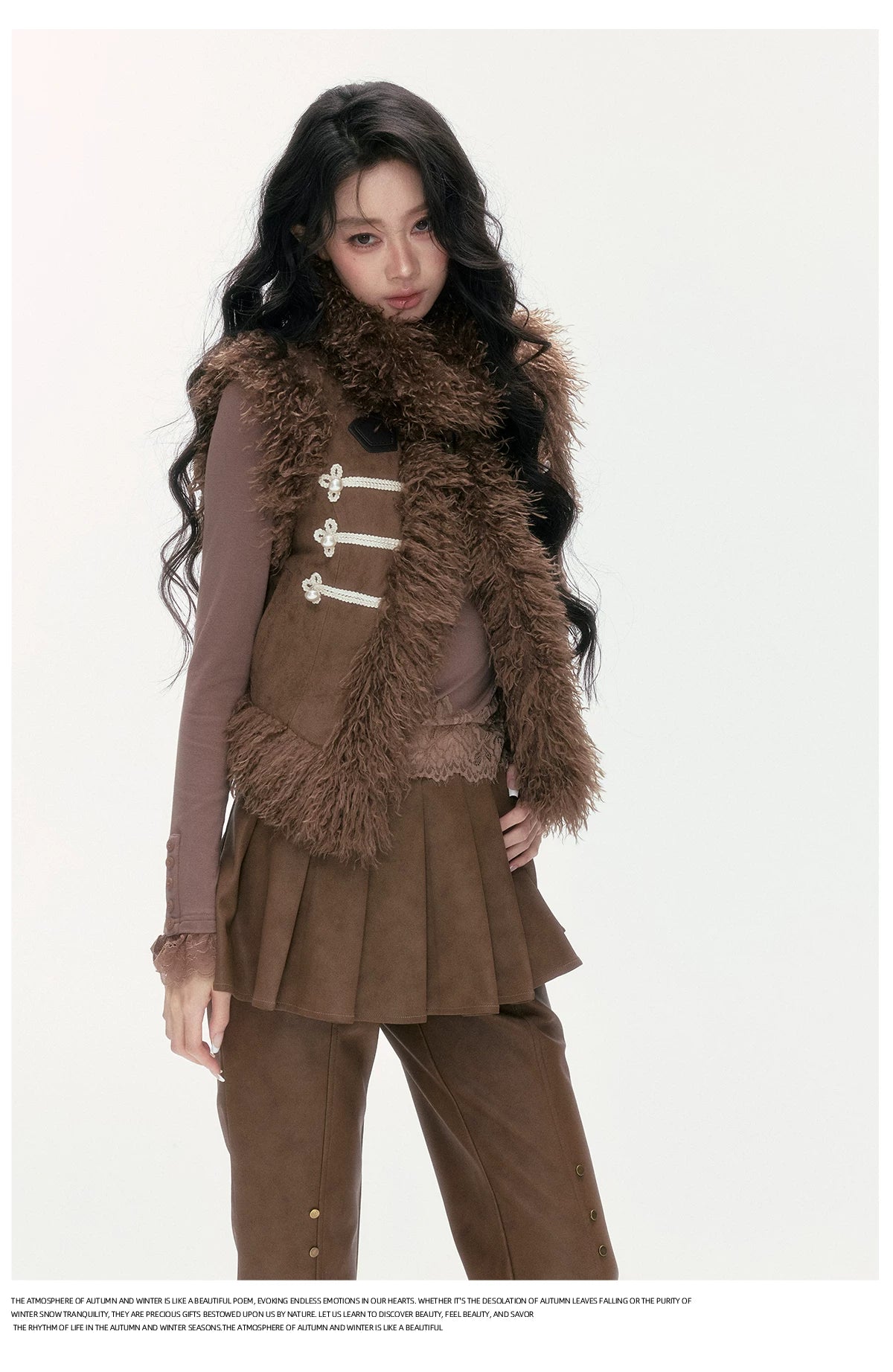 24olvides - Faux Suede Faux Shearling Vest with Pearl Buttons (White / Brown)
