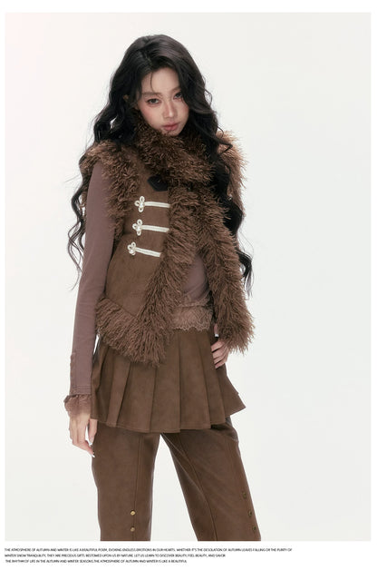 24olvides - Faux Suede Faux Shearling Vest with Pearl Buttons (White / Brown)
