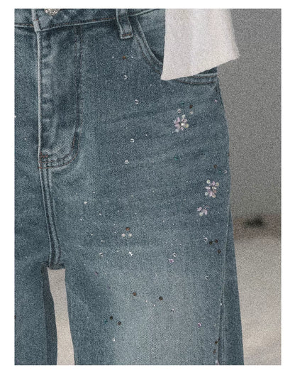 "Starlit River Shimmer" Distant Sky Blue Rhinestone Wide-Leg Jeans 65633
