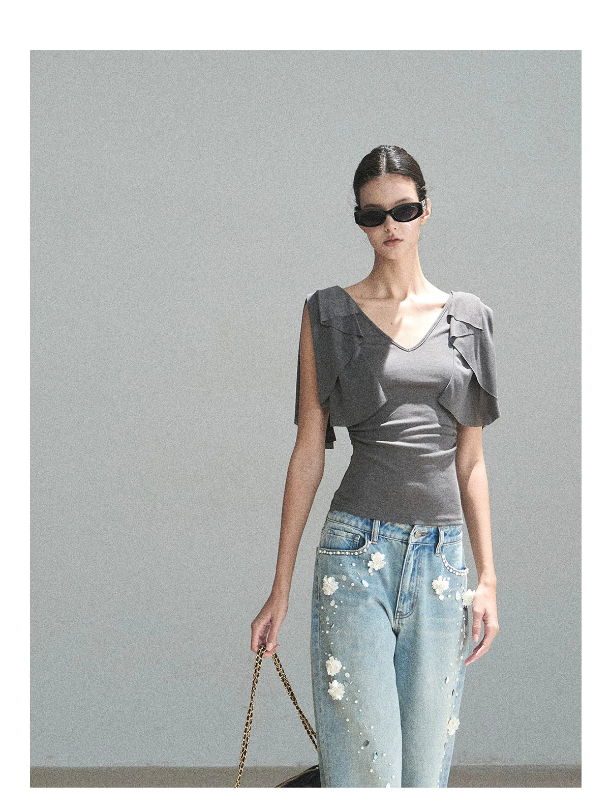 "Where Clouds Fall" Ruffle Sleeve V-Neck Crop Top (Forest Green/ Sage Gray/ Misty Blue/ Cinnamon Pink)