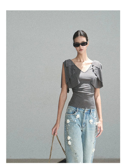 "Where Clouds Fall" Ruffle Sleeve V-Neck Crop Top (Forest Green/ Sage Gray/ Misty Blue/ Cinnamon Pink)