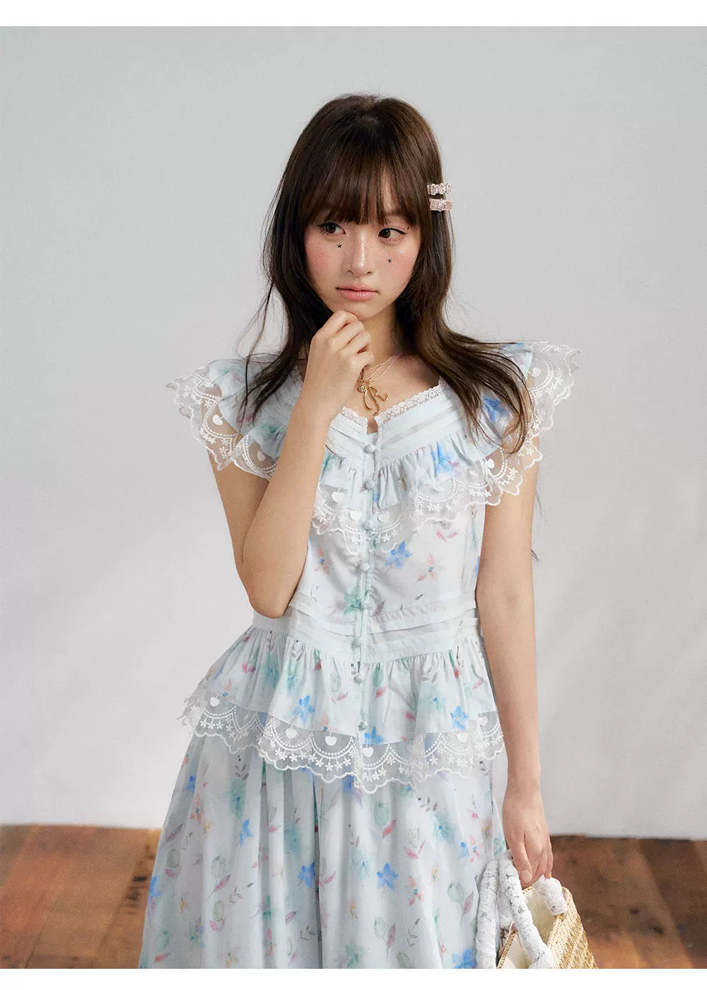 “Mint Blossom Isle” Blue Lace Trim Top & Bubble Hem Skirt