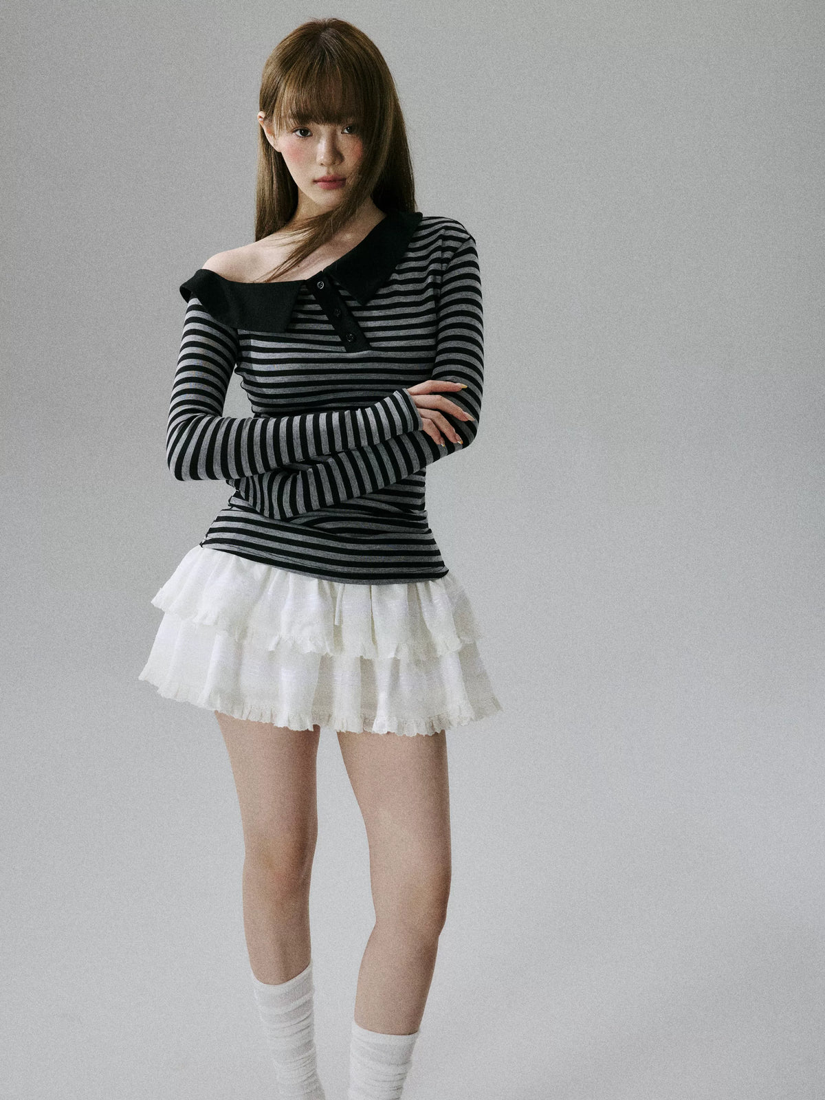 LOST FOREST - Striped Asymmetrical Lyocell-Wool Layering Top
