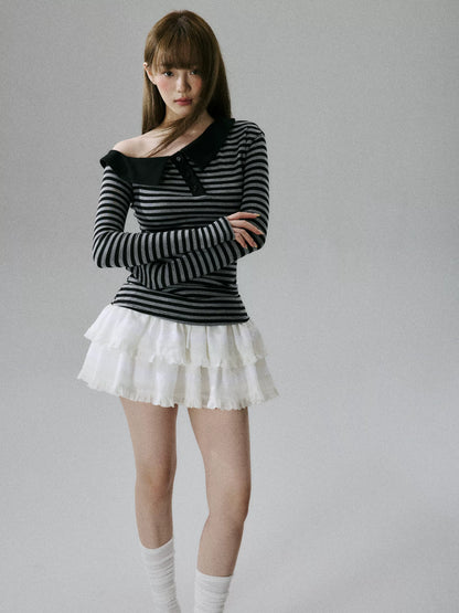 LOST FOREST - Striped Asymmetrical Lyocell-Wool Layering Top