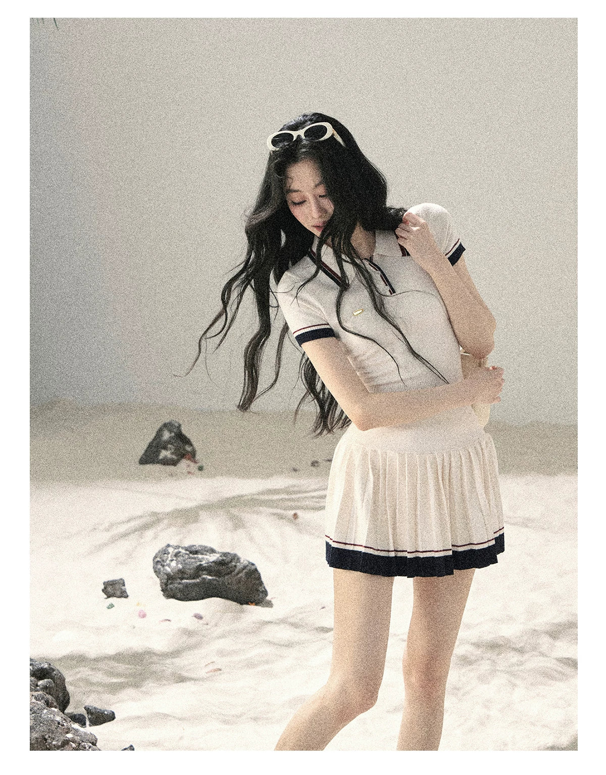 "Moonlight in Pieces" Cloud White Ribbed Knit Top & Pleated Mini Skirt Two-Piece Set