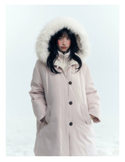 Horridale - Snow-Dusted Floral 90% White Duck Down Puffer Jacket (Light Peach Pink / Silver Gray)