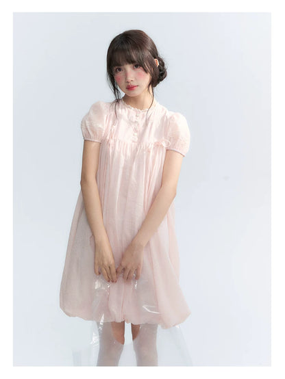 "Little Princess" Strawberry Pink Lace Bow Bubble Hem Midi Dress