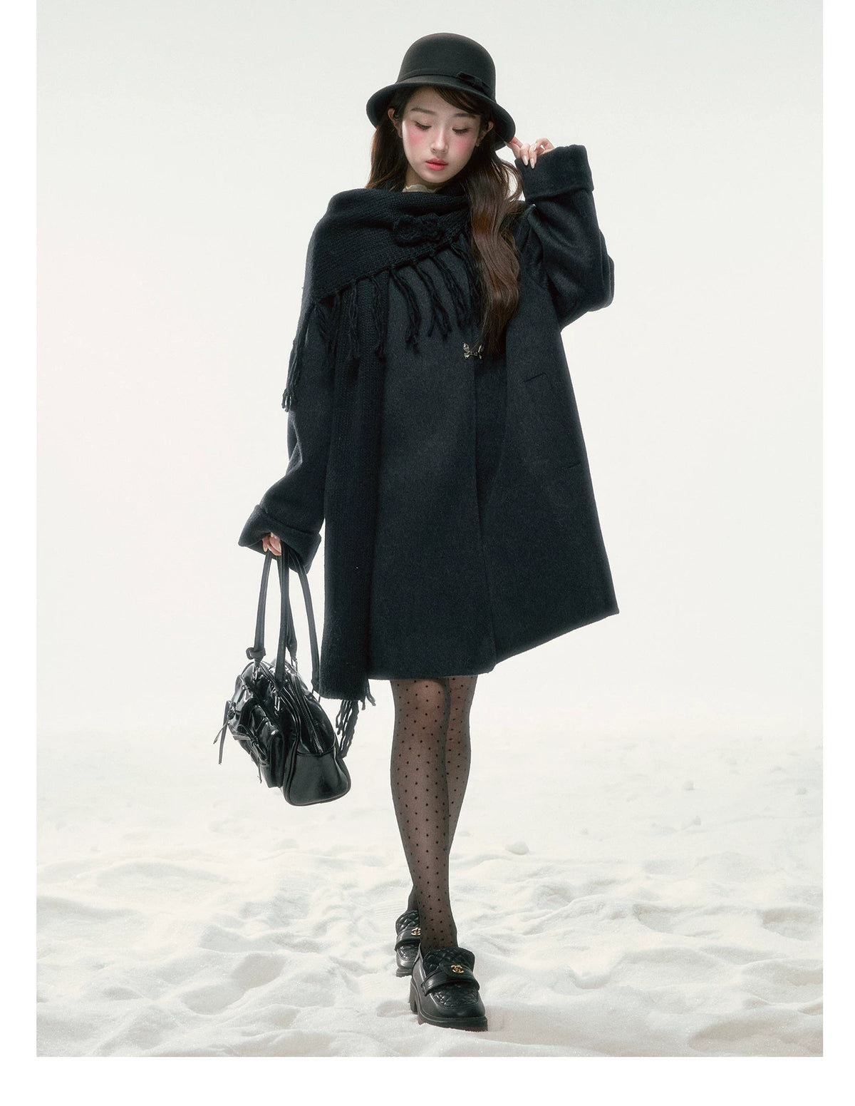 BIBIBENCY - Black Wool-Blend Coat with Detachable Scarf Collar