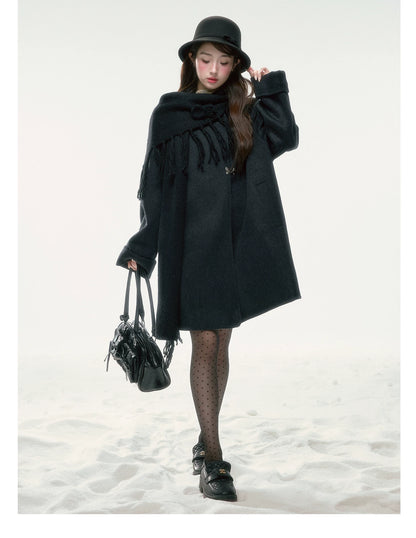 BIBIBENCY - Black Wool-Blend Coat with Detachable Scarf Collar