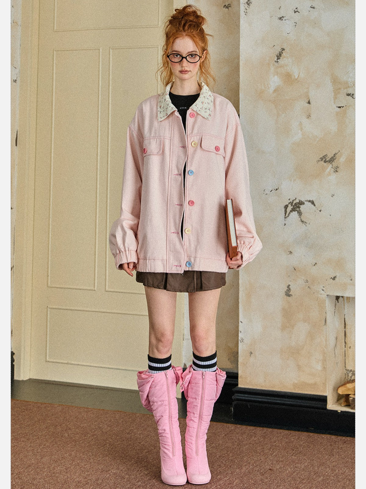 EZEK - Retro Floral Collar Oversized Denim Jacket