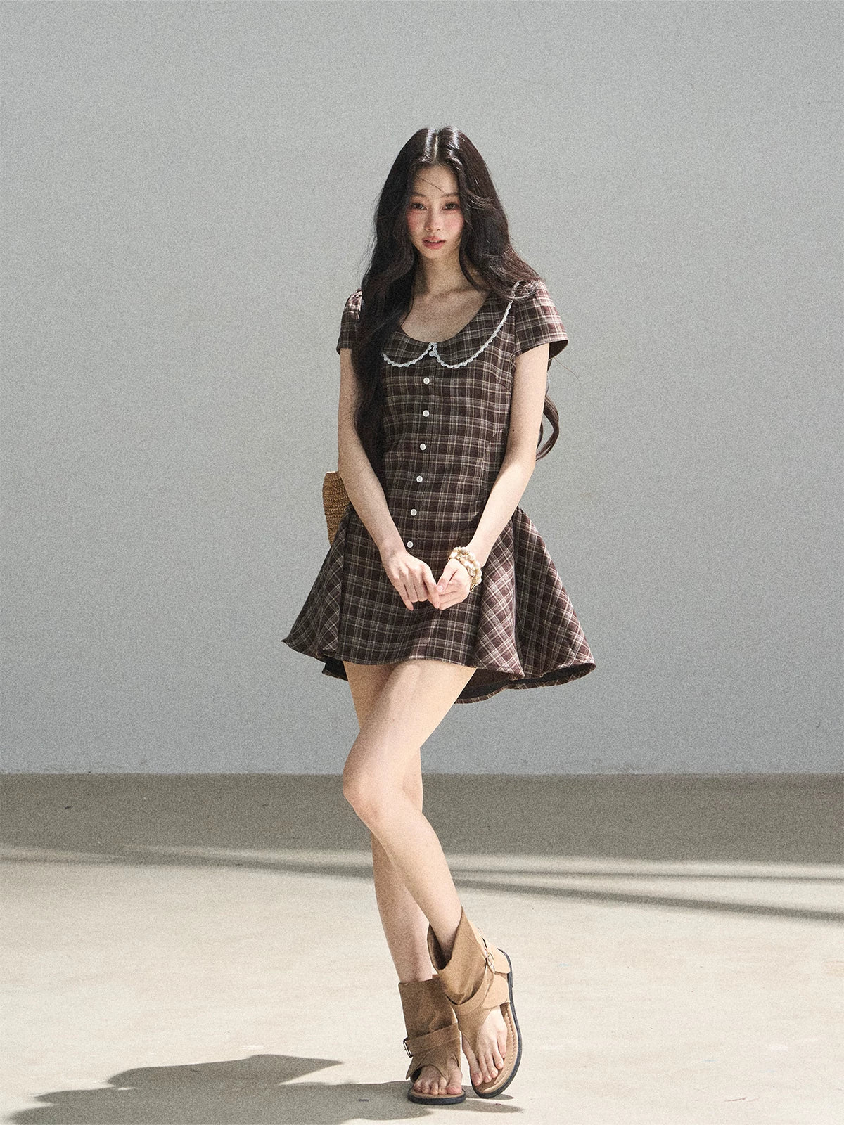 "The Camphor Tree in Late May" Chestnut Brown Plaid Peter Pan Collar Babydoll Mini Dress