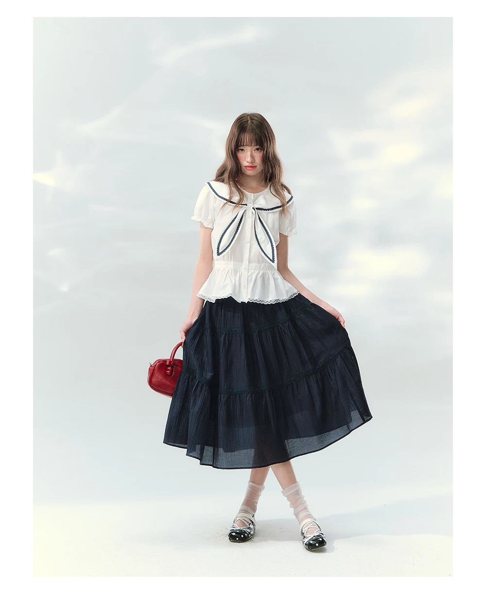 “Letter from Sea Isle” White & Navy Sailor Collar Blouse and Tiered Skirt Set