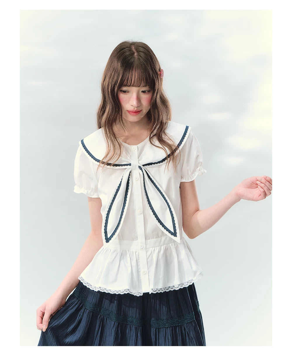 “Letter from Sea Isle” White & Navy Sailor Collar Blouse and Tiered Skirt Set