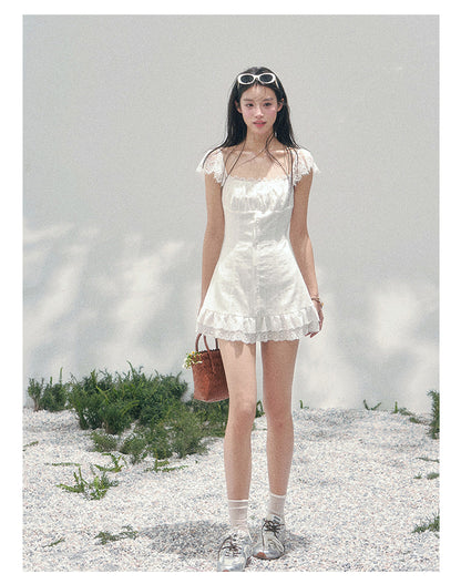 “Summer Tide Reverie” Lace Trim Puff Mini Dress