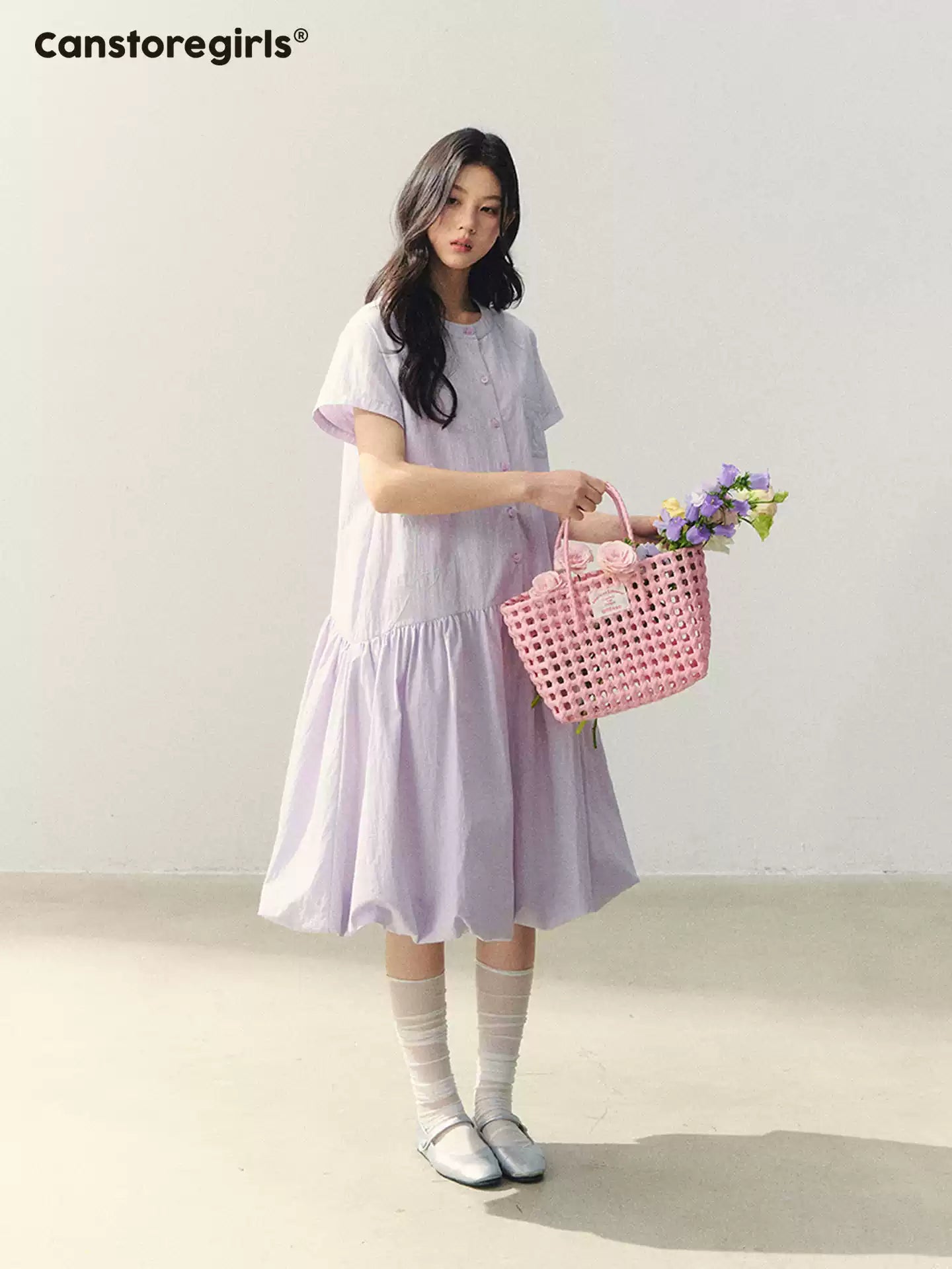 "Tulip Spring Letter" Bubble Hem Shirt Dress SJ2026030