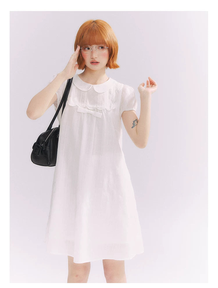 “Lace Sleep Song” White Embroidered Puff Sleeve Babydoll Dress
