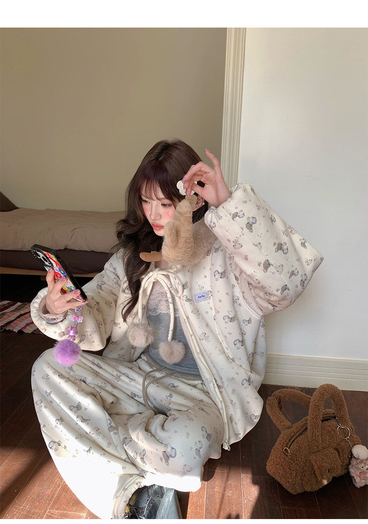 阮阮自制 - Honey Bear Ivory Plush Padded Jacket & Fleece Pants Set