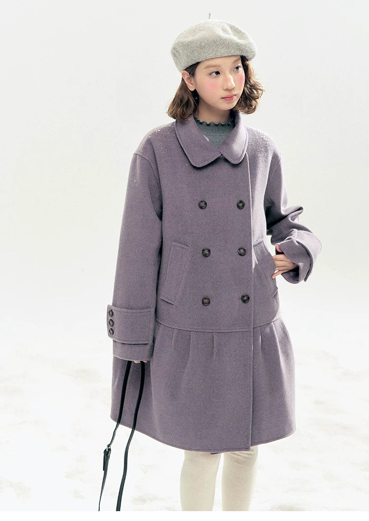 "Winter Chime" Double-Breasted Quilted Wool-Blend Coat (Smoky Purple/ Ash Gray)