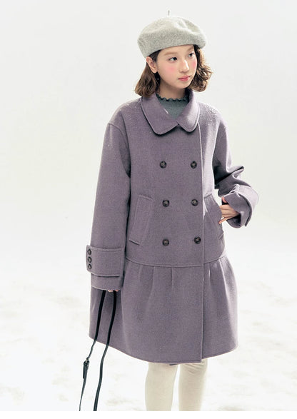 "Winter Chime" Double-Breasted Quilted Wool-Blend Coat (Smoky Purple/ Ash Gray)