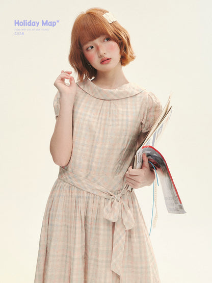 "Showa Girl" Vintage Plaid Floral Print Peter Pan Collar Bow Waist-Defined A-Line Dress