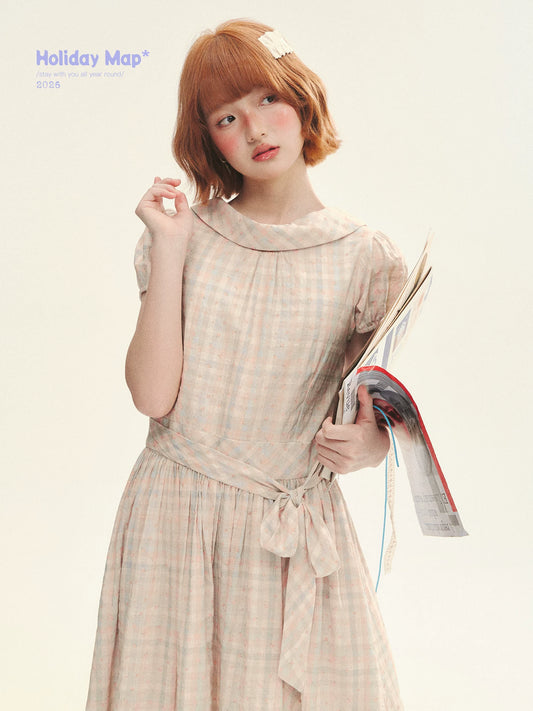 "Showa Girl" Vintage Plaid Floral Print Peter Pan Collar Bow Waist-Defined A-Line Dress
