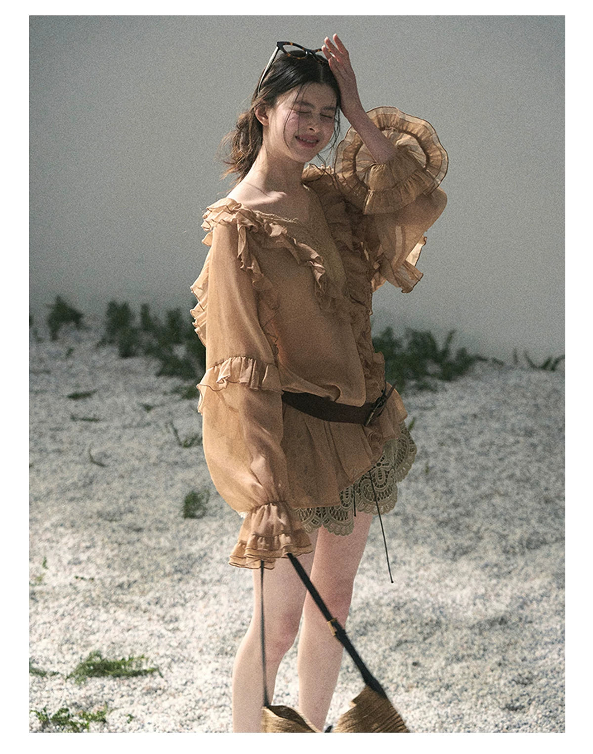 “Whispers of the Wind” Ash Caramel Lace Chiffon Blouse (With Belt)