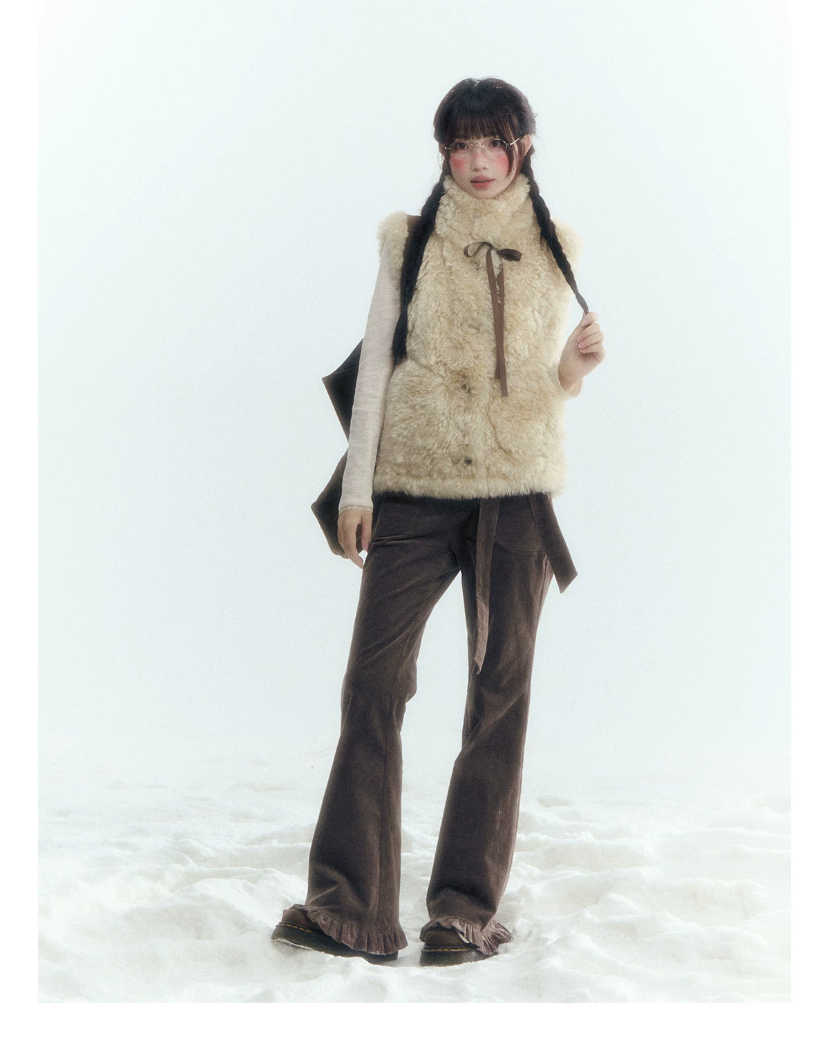 Horridale - Milk Tea Brown Floral Belt Corduroy Flare Pants