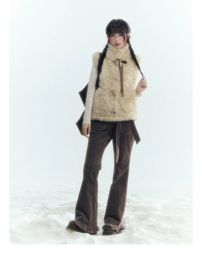 Horridale - Milk Tea Brown Floral Belt Corduroy Flare Pants
