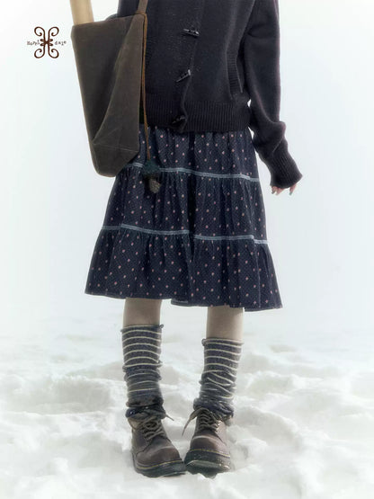 Horridale - Navy Blue Floral Lace Patchwork Tiered A-Line Midi Skirt