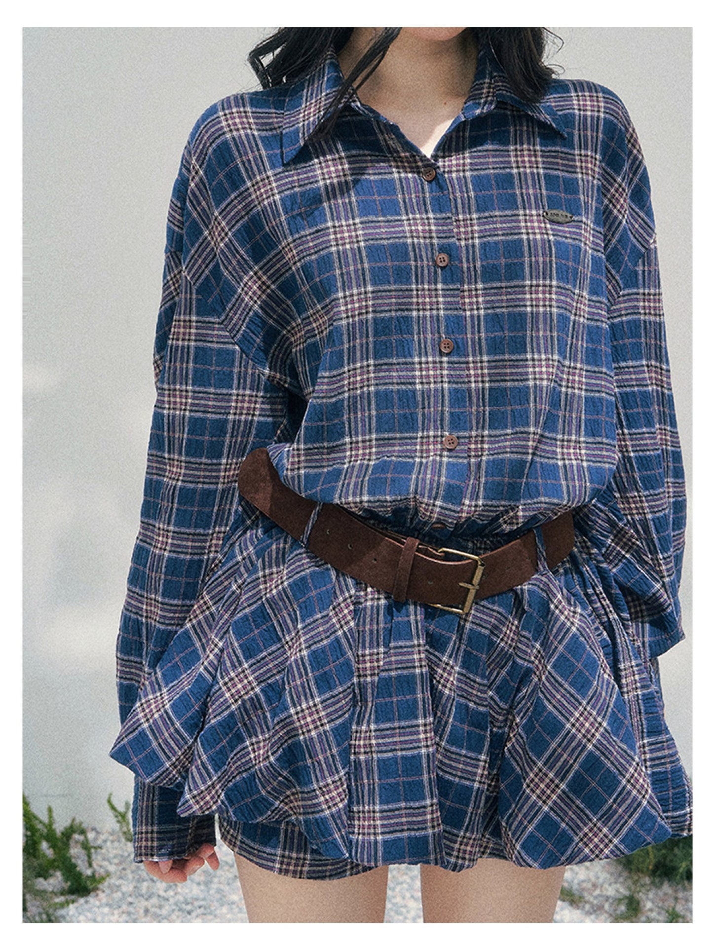 少也眼 “Rain Traces on Windowpanes” Polo-Collar Plaid Shirt Mini Dress 5286347