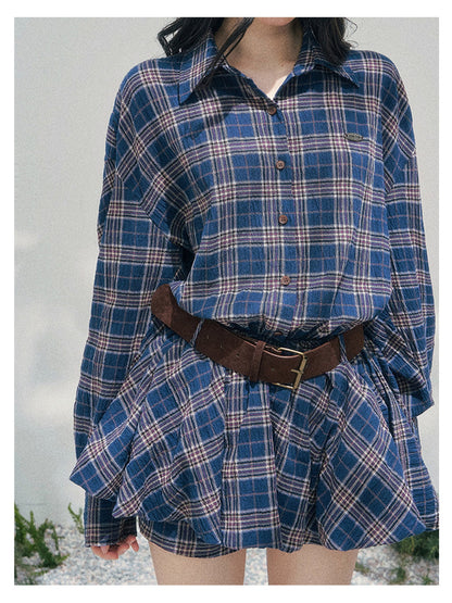 少也眼 “Rain Traces on Windowpanes” Polo-Collar Plaid Shirt Mini Dress 5286347