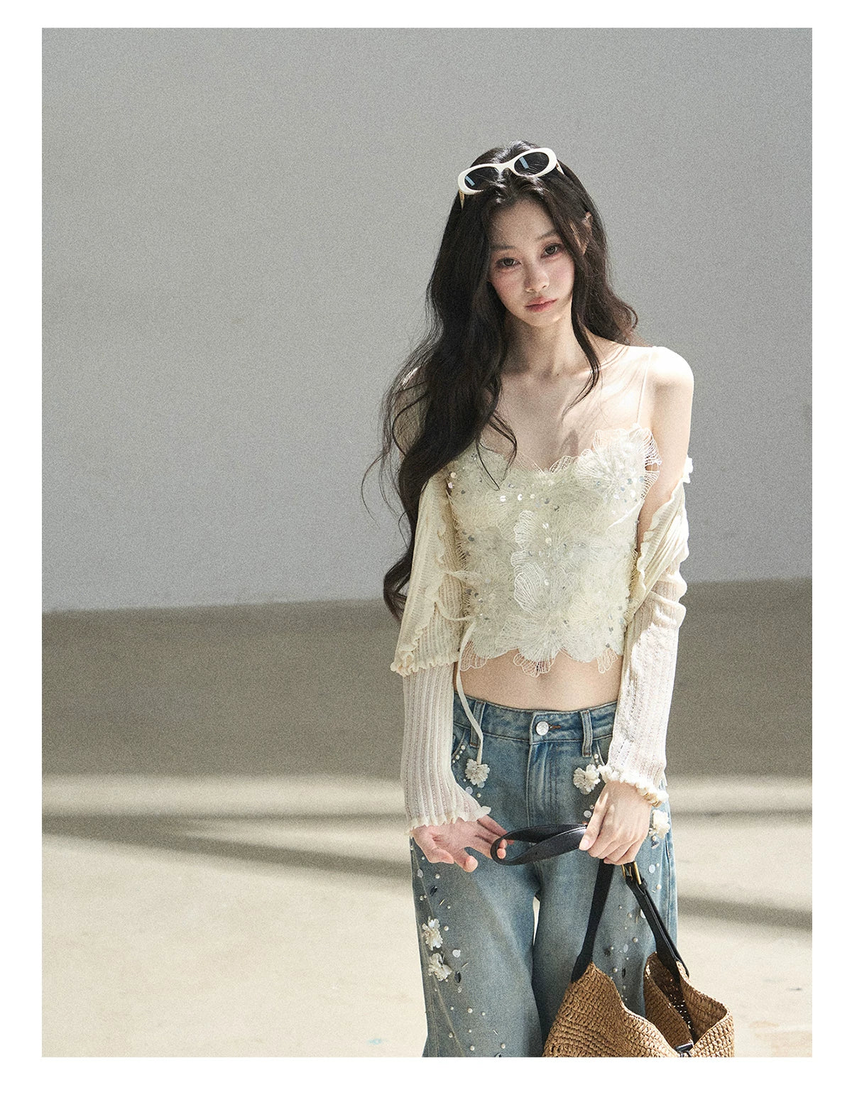 "Waiting for the Breeze" Apricot Lace Knit Cardigan & Cami Set