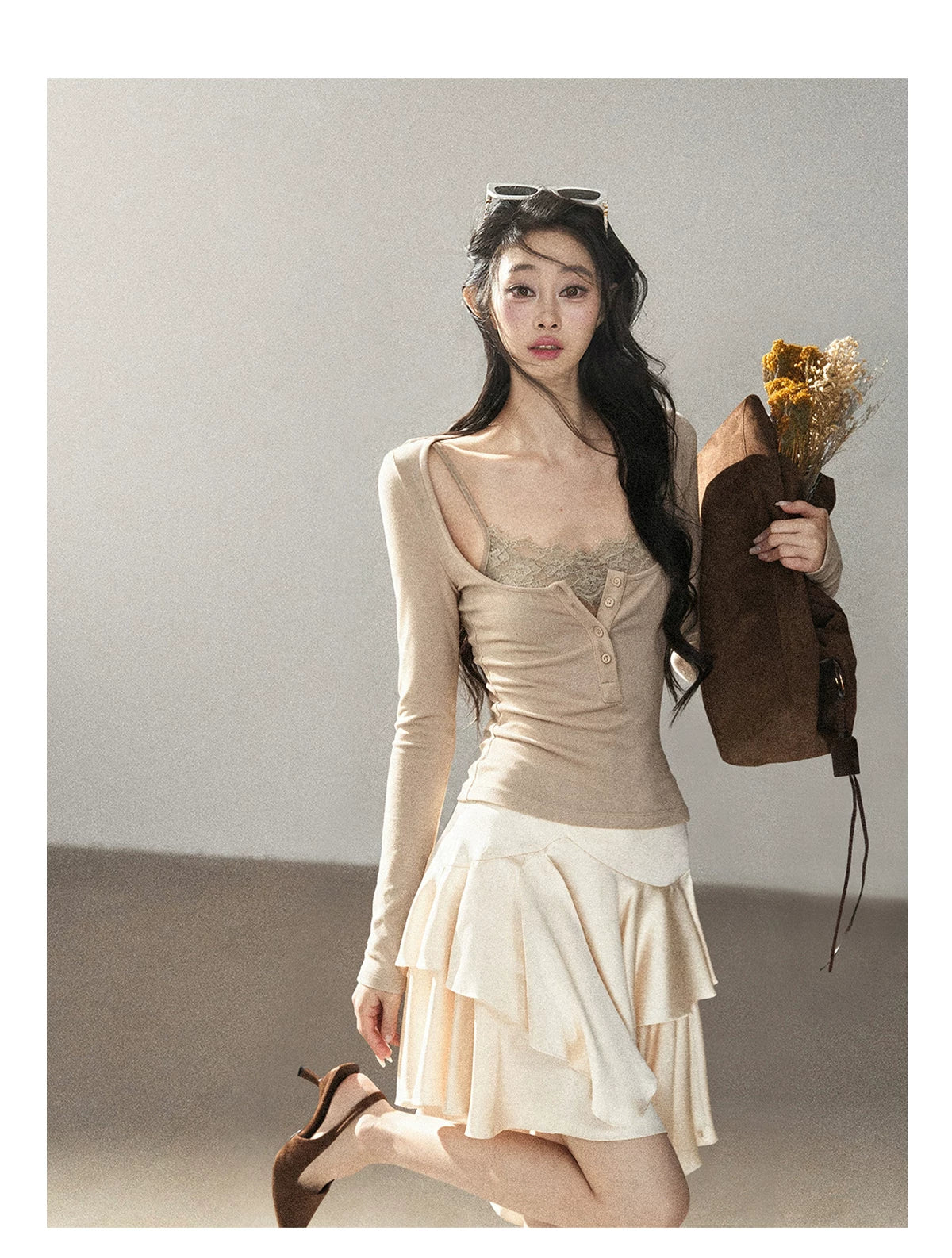 AOMALM - "Dappled Tree Shadows" Oat Beige Korean Lace Camisole Long-Sleeve Top Set