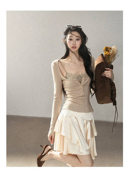 AOMALM - "Dappled Tree Shadows" Oat Beige Korean Lace Camisole Long-Sleeve Top Set