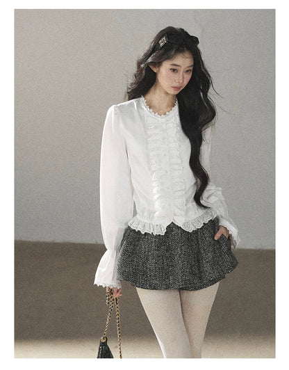 AOMALM - Black & Pearl White Tweed Jacket, Lace Blouse & Mini Skirt Set