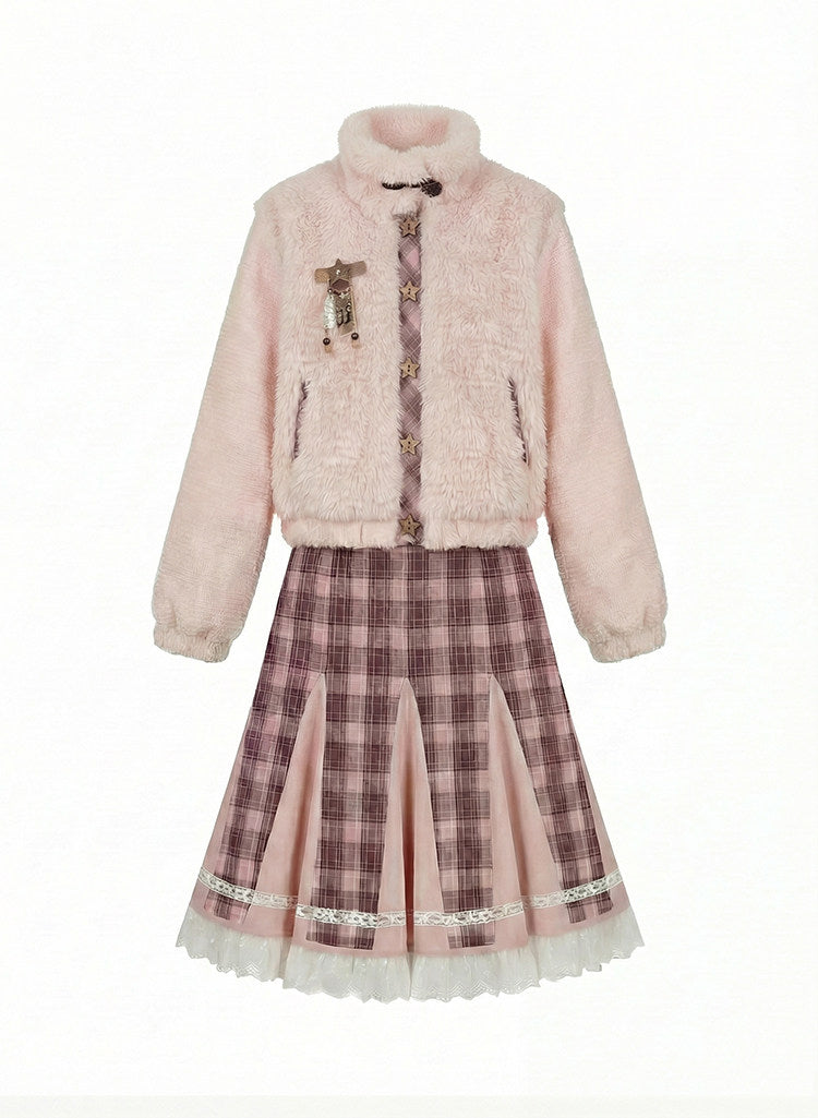 阮阮自制 - Love String Pink Plaid Wool Jacket & Mini Skirt Set