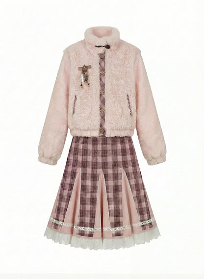 阮阮自制 - Love String Pink Plaid Wool Jacket & Mini Skirt Set