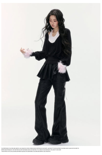 24olvides - Layered-Look U-Neck Sweater with Detachable Faux Fur Cuffs