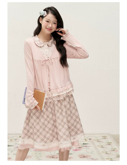 [RF] Vintage-Inspired Gingham Check Two-Piece Set with V-Neck Top and Pleated Skirt