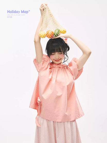 "Pink Grapefruit Bloom" Grapefruit Red Rose Puff Sleeve Blouse