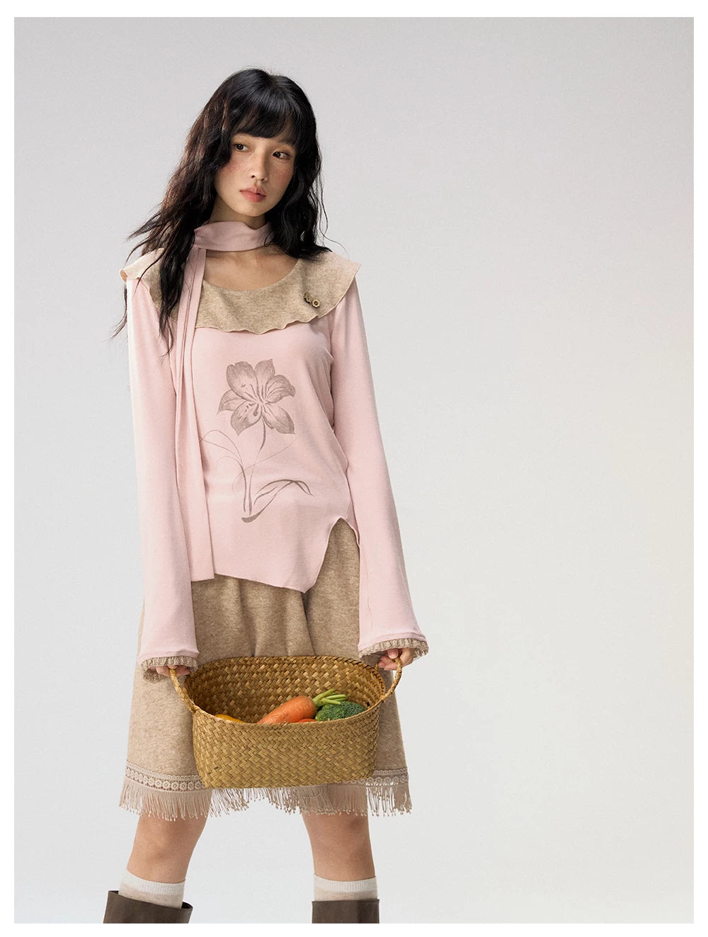 [CAN] "Dusky Floral Whispers" Blush & Chestnut Brown Set (Long Sleeve Top / Tassel Mini Skirt)