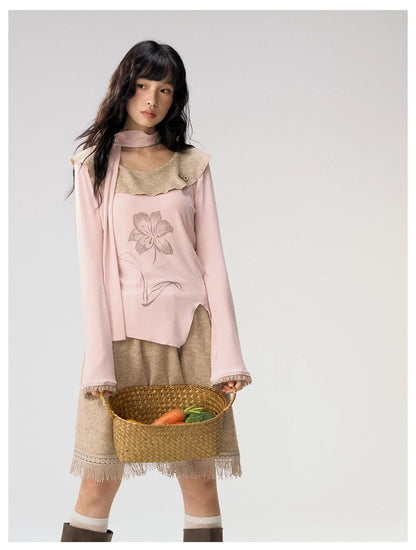 [CAN] "Dusky Floral Whispers" Blush & Chestnut Brown Set (Long Sleeve Top / Tassel Mini Skirt)