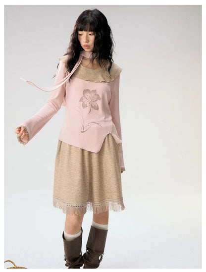[CAN] "Dusky Floral Whispers" Blush & Chestnut Brown Set (Long Sleeve Top / Tassel Mini Skirt)