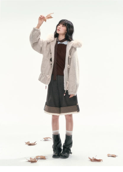 CAN - "Frosted Cloud Reverie" Beige Gray Detachable Faux-Fur Collar Wool-Blend Jacket