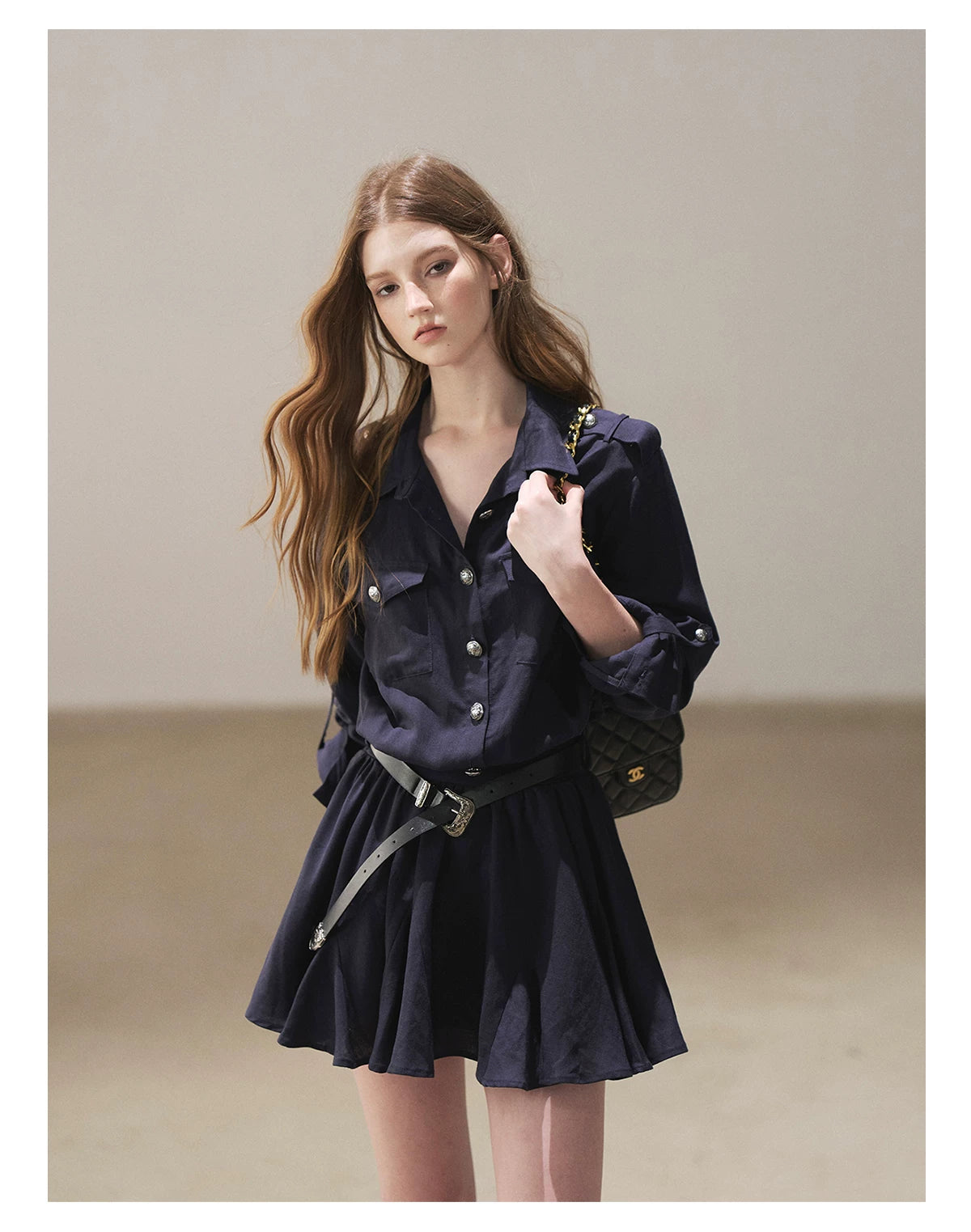AOMALM - "Moonlight Sinks into the Sea" High-Intellect Utility Shirt Dress (Plain White / Navy Blue, with Belt & Optional Shawl)